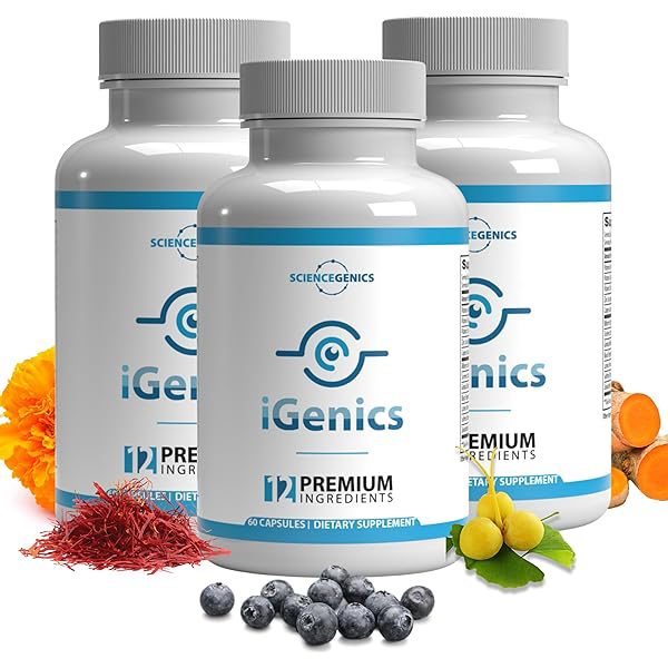 iGenics bottle with a glowing eye graphic, symbolizing enhanced vision and eye health